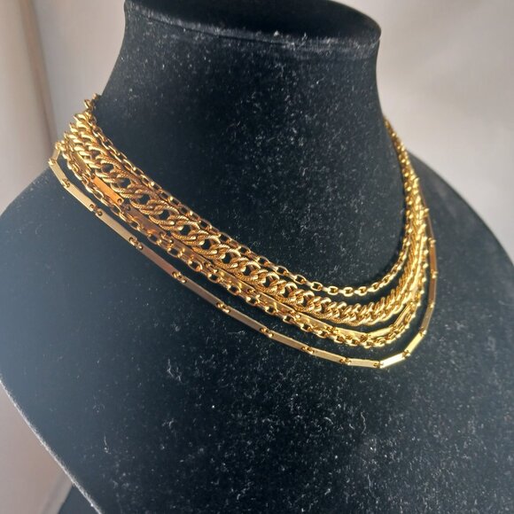 Vintage Gold Tone 5 Layered Statement Choker Necklace - Picture 10 of 10